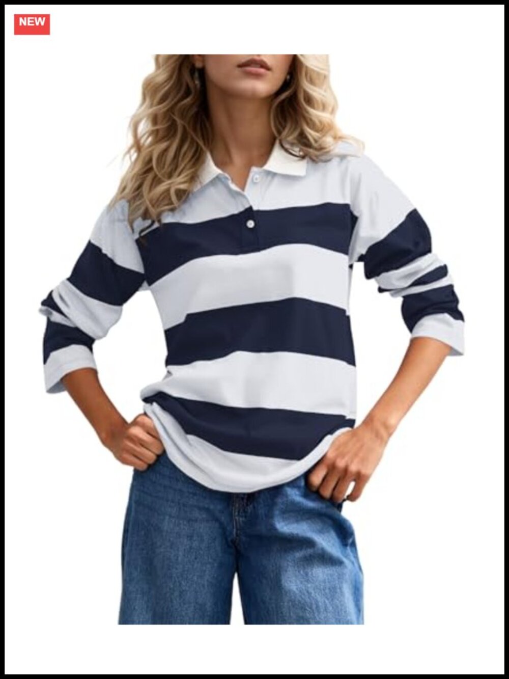 Women's Striped Polo Long Sleeve Button V-Neck Casual Vintage Rugby Top